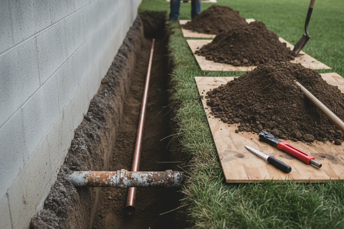 Excavated water line trench during Water Softener Installation in Thurmont